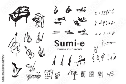 墨絵：楽器を緩い墨絵で手描きしたベクターイラスト　Sumi-e: A set of hand-drawn vector illustrations of musical instruments in loose sumi-e style.