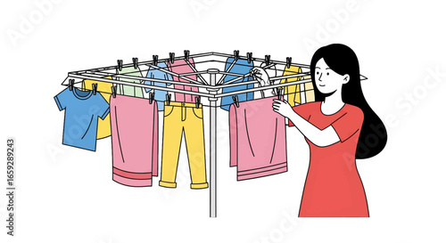 Woman Hanging Colorful Laundry on Clothesline Inside with Clean Clothes in Red Dress and Clothesline in Cartoon Illustration Style