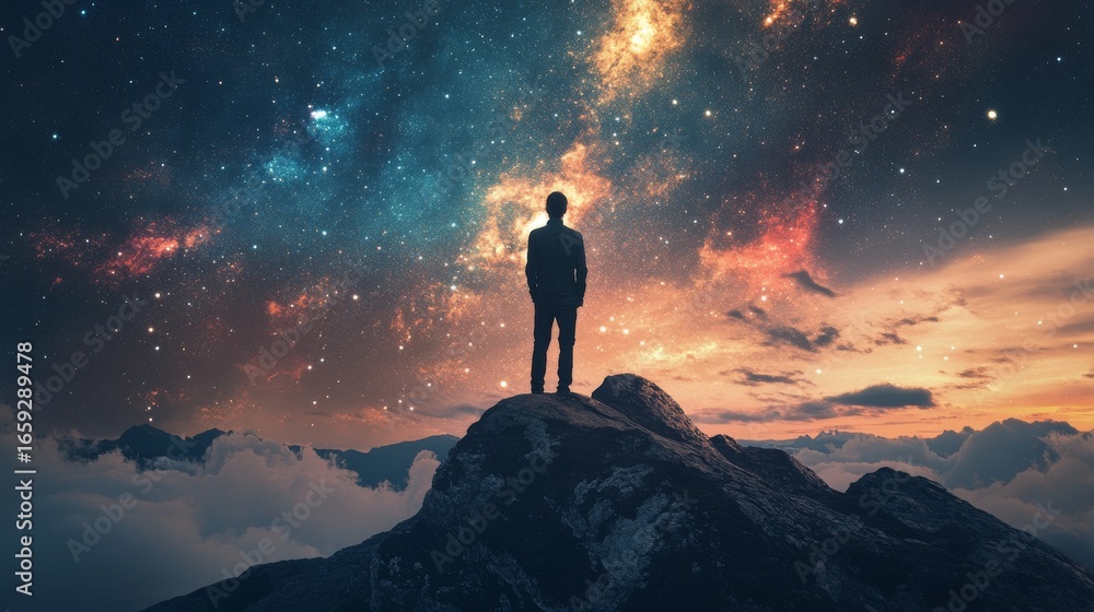Fototapeta premium Silhouette of a man standing on a mountain peak, looking at the starry night sky. Concept of inspiration, dreams, and ambitions.
