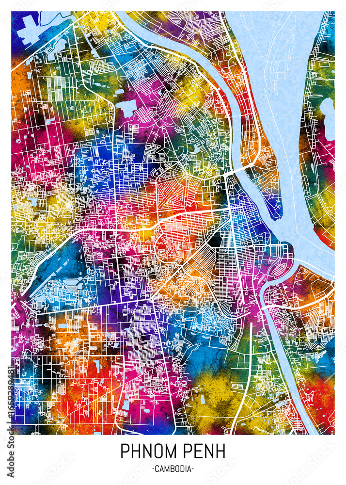 Fototapeta premium Phnom Penh Cambodia City Map. background downtown urban modern colorful bright graphic design, abstract travel art, new business district, Watercolor paint creative artwork