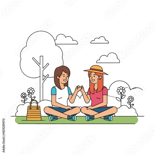 Two Young Women Sitting in a Park Under Sunlight Wearing Casual Clothes Enjoying Togetherness and Connecting in a Line Art Style