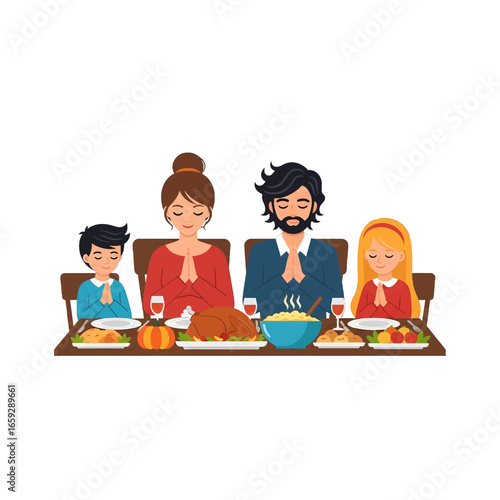 Family Praying Together at Thanksgiving Dinner Table with Turkey and Festive Meal in Warm Tone Cartoon Illustration