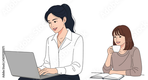 Two Women in White Shirt Working With Laptop and Coffee Cup at the White Table With Paper in Office Space Illustration Graphic Style