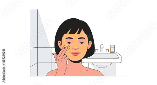 Pixelated Illustration of Woman Applying Facial Cream With White Background in a Bathroom with Gray Tiles
