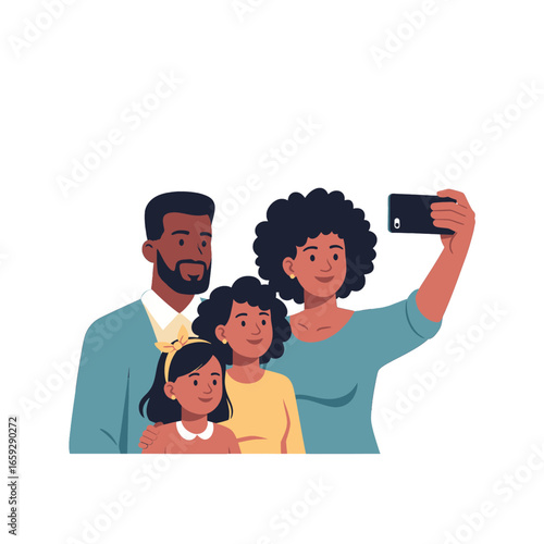 Illustration of a Happy African American Family Taking a Selfie with a Mobile Phone in a Cheerful Moment of Togetherness and Joy on White Background