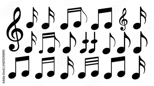 Collection of Black Musical Notes and Symbols on White Background