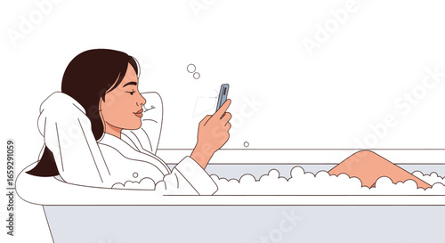 Woman Relaxing in a White Bathtub with Foam While Using a Smartphone in a Minimalist Setting