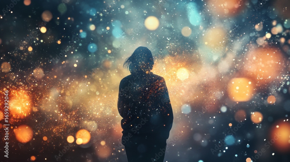 Naklejka premium Silhouette of a woman with lights and bokeh background.
