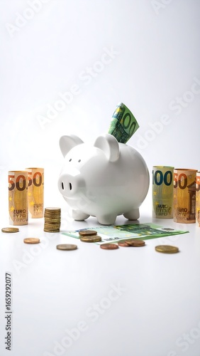 Piggy bank with euro notes and coins