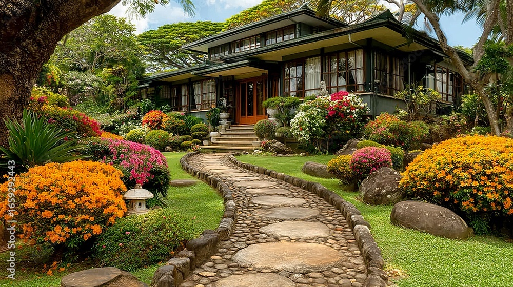 Obraz premium Modern stylish home with large windows, surrounded by a lush flower garden and trimmed hedges on a sunny day 
