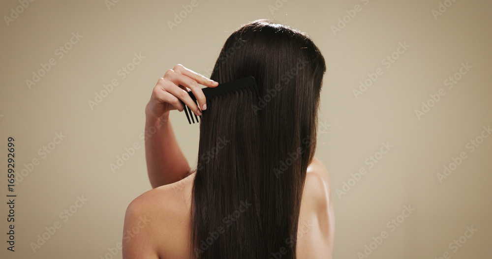 Fototapeta premium Hair, comb and beauty with back of woman in studio for salon maintenance, volume and texture. Keratin, self care and scalp stimulation for growth with person on background for shine and space