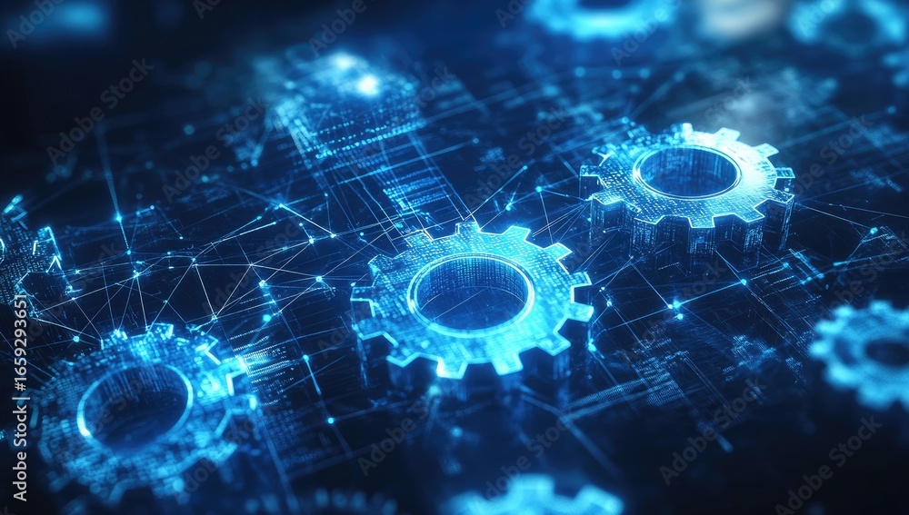 custom made wallpaper toronto digitalDigital blue background with gears and code, symbolizing the integration of technology in mechanical engineering.