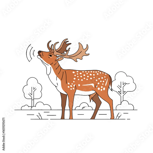 Spotted Fallow Deer with Large Antlers Alert in Minimalist Line Art Style with Forest Trees