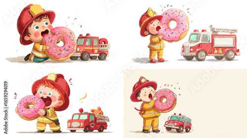 Adorable cartoon kid firefighter eating giant donut beside toy fire truck, perfect for children’s humor, food art, and playful safety-themed designs.