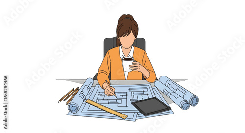 Female Architect Working on Blueprints with Orange Cardigan in a Modern Office Setting With Clear Table and Drawing Tools