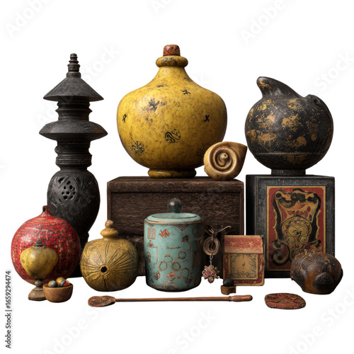 Vintage Decorative Objects and Curiosities on Wooden Table with Intricate Details