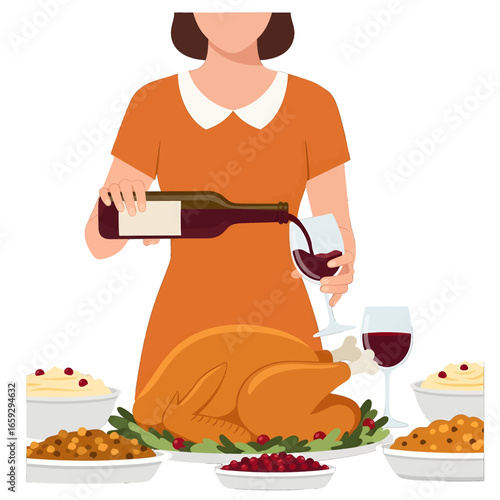 Woman Pouring Red Wine at Thanksgiving Dinner Table with Roasted Turkey and Traditional Dishes in Warm Tones on White Background