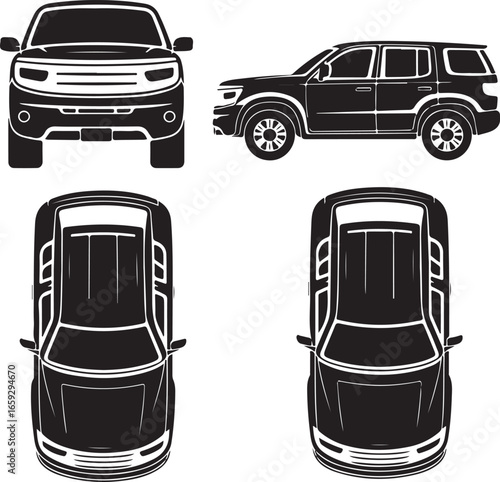 SUV Car Vector Illustration Set with Front, Side, Top Views in Black