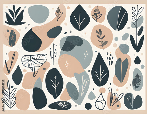 hand drawn irregular abstract geometric shapes and plants. Vector organic elements clipart background