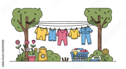 Outdoor Clothesline with Colorful Laundry Drying Between Trees with Flowers and a Recycling Bin Graphic Illustration