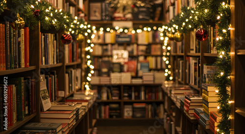 Festive Bookstore Aisle with Christmas Lights and Holiday Ornaments