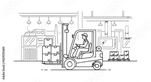 Forklift Operator Moving Boxes in a Warehouse with Black and White Line Art and Minimalist Design