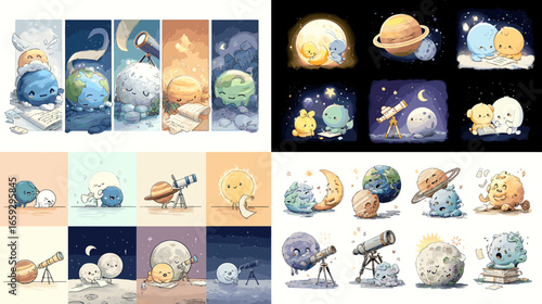 Adorable cartoon planets and moons stargazing with telescopes, perfect for astronomy education, cosmic design, and playful children’s illustrations.