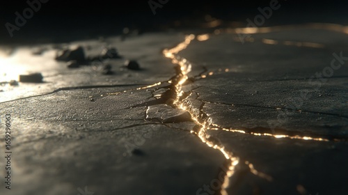 Dramatic close-up of cracked ground with glowing golden light shining through the fissures