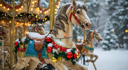 Festive Carrousel Horse Decorated with Christmas Ornaments in Snowy Winter Wonderland