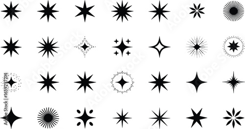 Collection of Black Starburst and Sparkle Icons, Diverse Star Shapes and Designs for Visual Projects