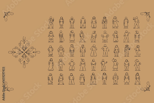 Ancient egyptian hieroglyphs and figures on papyrus background