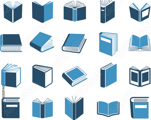 Collection of blue and white isometric book icons, perfect for educational, library, or reading-related digital and print projects