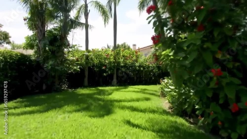 Tropical Backyard Garden with Green Lawn, Palm Trees, and Cozy Patio