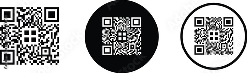 Vector illustration set of different QR codes in black and white styles. The codes are presented in square, circle, and circular frame designs, suitable for various applications.