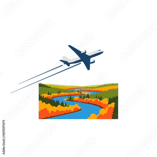 Airplane Flying Over River Landscape With Trees and Blue Sky Pixel Art Illustration in Retro Style