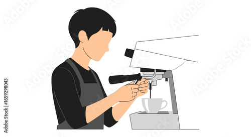 Barista Preparing Coffee With Silver Espresso Machine Wearing Black Apron In Flat Style Isolated on White Background