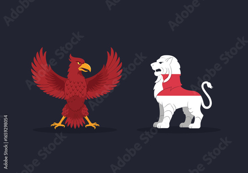 Stylized illustrations of a majestic eagle and a noble lion, representing strength and national symbolism in a modern design with vibrant colors.