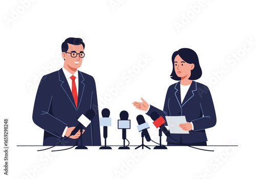 Political debate or official press conference with a male and female speaker. Public announcement or media interview with microphones.