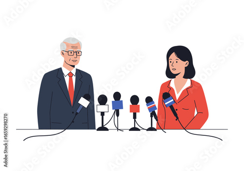 Press Conference Woman and Man at Microphones Answering Questions from Journalists, a Vector Illustration