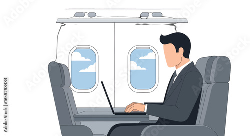 Man Working on Laptop Inside Airplane Near Windows with Blue Sky and White Clouds During Air Travel in Modern Vector Style