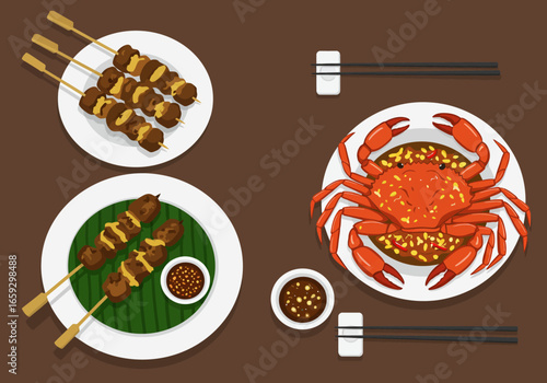 Overhead view of an Asian culinary spread savory grilled meat skewers, a prominent cooked crab dish, dipping sauces, and chopsticks. A vibrant and delightful feast.