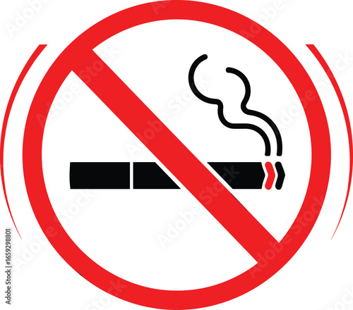 No smoking vector sign icon. Red prohibition circle with a lit cigarette and smoke. Stop smoking warning symbol, graphic design element.