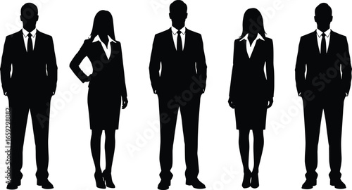 Silhouettes of business people in formal attire, professional team vector illustration, corporate office staff, black white isolated artwork