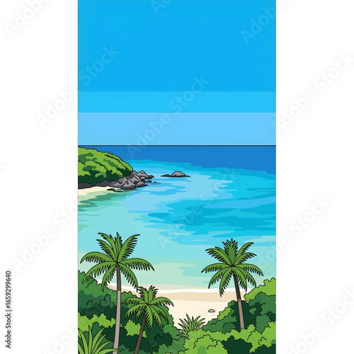 Pixel Art Tropical Beach View Featuring Turquoise Ocean Palm Trees and Lush Greenery on a Bright Day Under a Clear Blue Sky