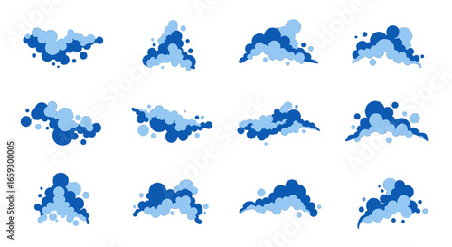 Variety of Blue Pixelated Cloud Formations on a White Background Illustrating Different Weather Patterns and Atmospheric Conditions