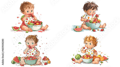 Adorable cartoon illustration of messy babies happily eating fresh fruits, perfect for childhood, healthy food, nutrition, and playful kids’ design projects.