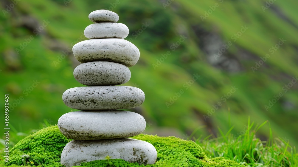 Obraz premium Serene scene of balanced white stones piled in a lush green mountain valley landscape
