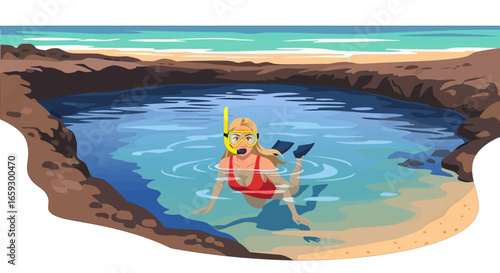 Snorkeling Woman in Red Swimsuit with Yellow Snorkel at a Tropical Lagoon Beach in Pixel Art Style Under Clear Sunny Sky