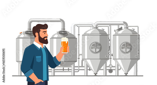 Man Holding Beer Glass Before Silver Tanks in a Brewery Industry With White Background and Cartoon Pixel Art Style