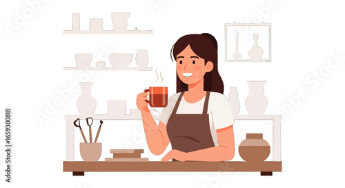 Smiling Woman in Brown Apron Enjoys Coffee Break at Pottery Studio with Ceramic Vases on Shelves in Bright Indoor Scene